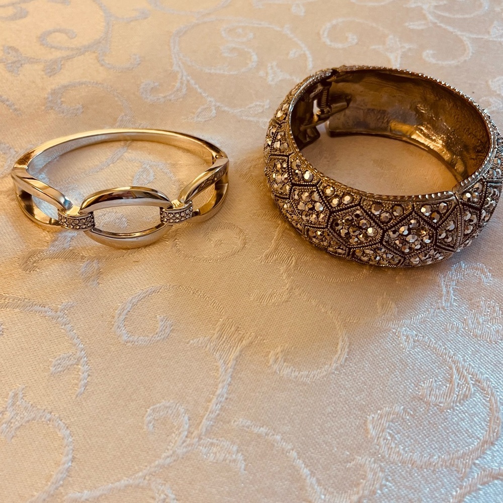 Two Sparkling Silver-Tone Rhinestone Magnetic Closure Bangle Bracelets